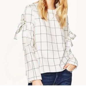 ZARA White Windowpane Plaid Top Medium